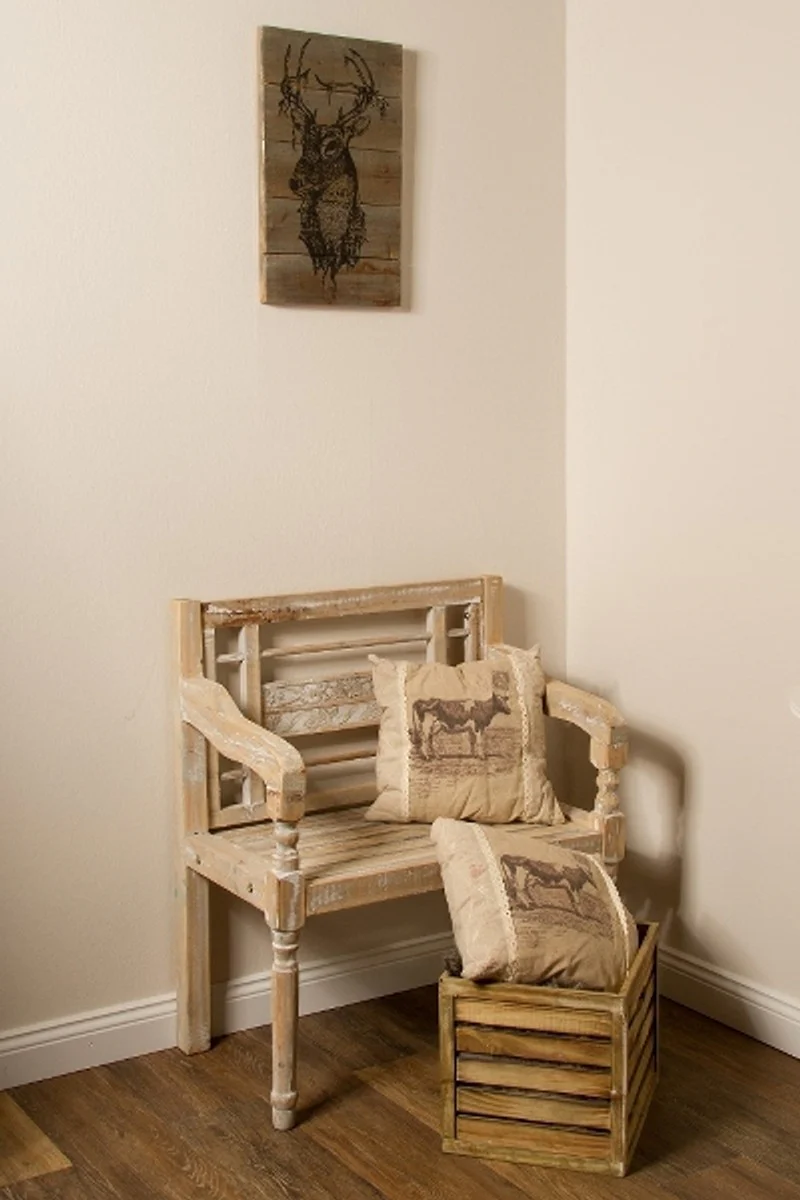 Casa Padrino banco de estilo country con brazos blanco antiguo / natural 71 x 42 x H. 85 cm - Muebles Decorativos Shabby Chic