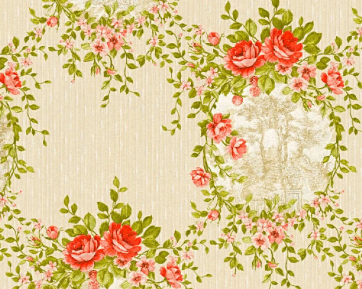 Casa Padrino papel pintado barroco no tejido beige / verde / rojo - Papel pintado de salón de estilo barroco con elegante patrón floral - Accesorios de decoración barroco