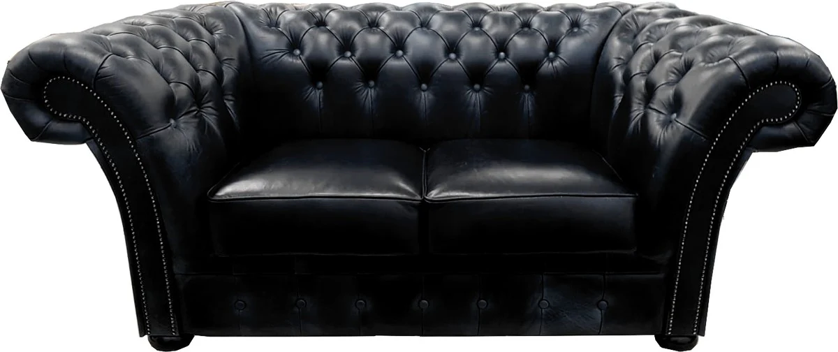 Casa Padrino Sof¨¢ de 2 plazas de cuero real de lujo Negro 170 x 90 x H. 80 cm - Muebles Chesterfield