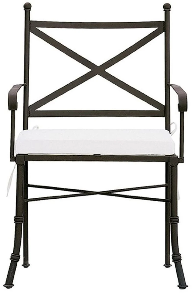 Casa Padrino silla de jardín Art Nouveau de lujo con reposabrazos y cojin de asiento marrón / blanco 61 x 51 x A. 97 cm - Silla de comedor forjada a mano - Muebles de Comedor de Jardín de Patio