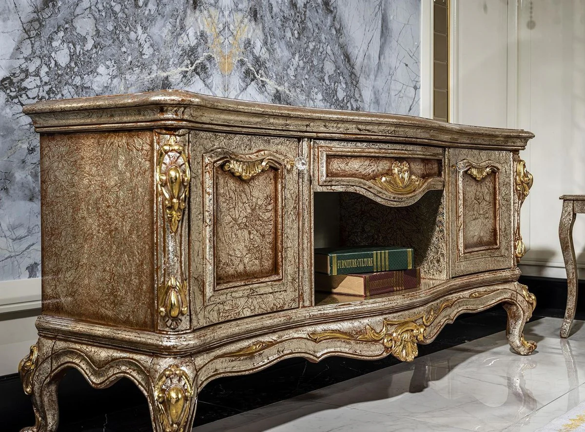 Casa Padrino armario de TV barroco de lujo plata antigua / marrón / oro - Magnífico aparador de salón con 2 puertas y cajón - Muebles de salón barrocos