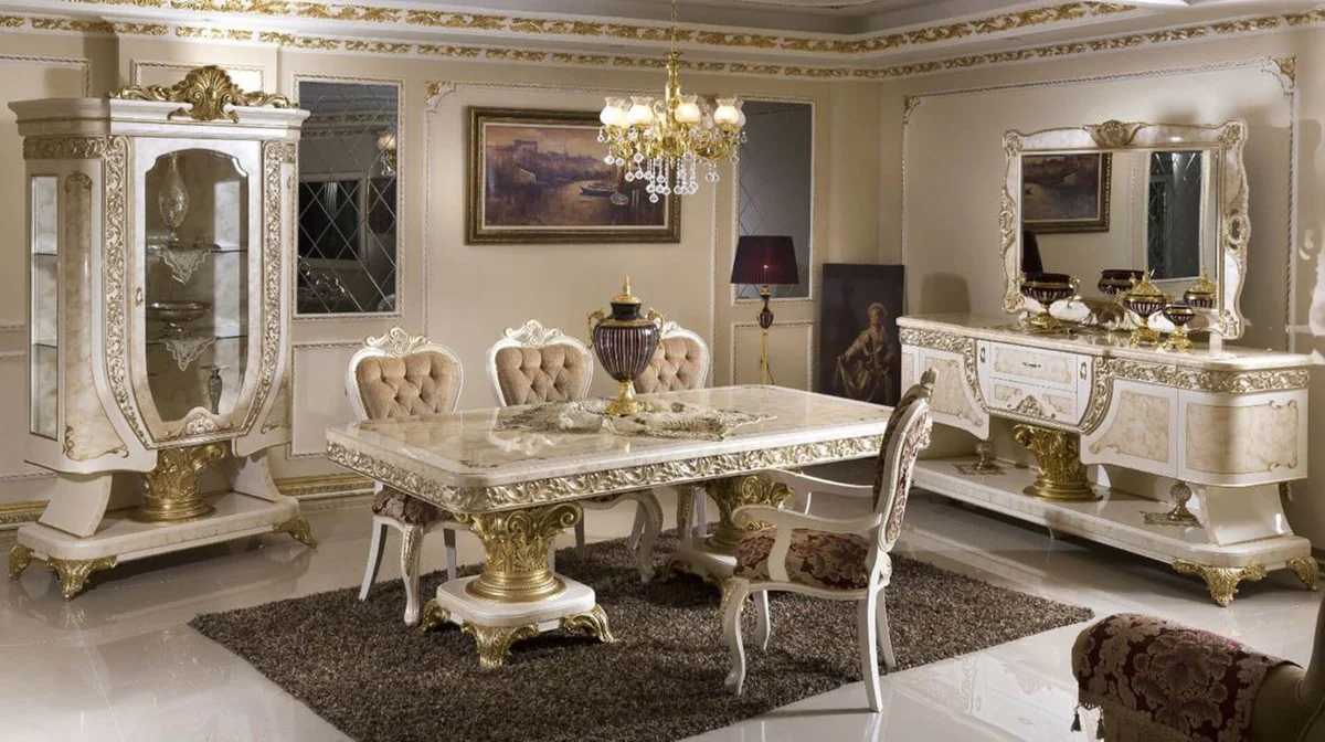 Casa Padrino conjunto de muebles barrocos de lujo blanco / beige / oro - 1 Aparador Barroco y 1 Espejo de Pared Barroco - Muebles Barroco Hechos a Mano - Noble y Magnífico