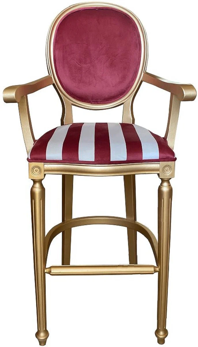 Casa Padrino silla de bar barroco con reposabrazos rojo burdeos / blanco / oro - Taburete de bar de estilo antiguo en terciopelo a rayas - Muebles de bar barrocos hechos a mano