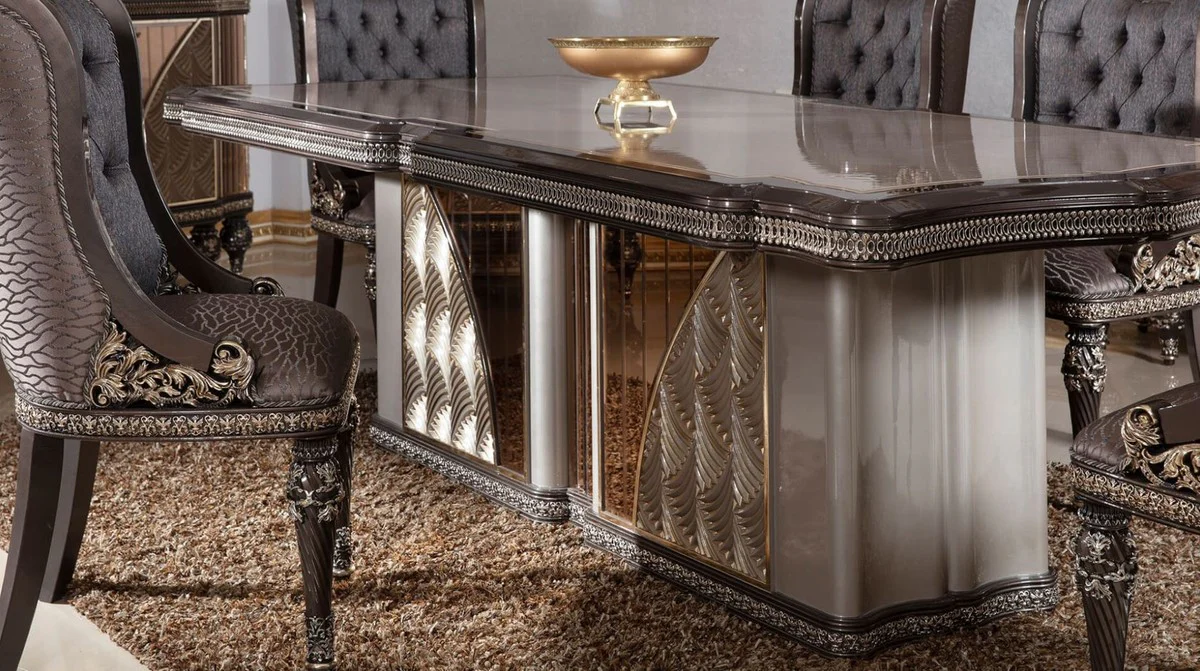 Casa Padrino conjunto de comedor barroco de lujo azul / gris / marr¨®n oscuro / oro - 1 Mesa de Comedor Barroco y 6 Sillas de Comedor Barrocos - Muebles de comedor de lujo en estilo barroco