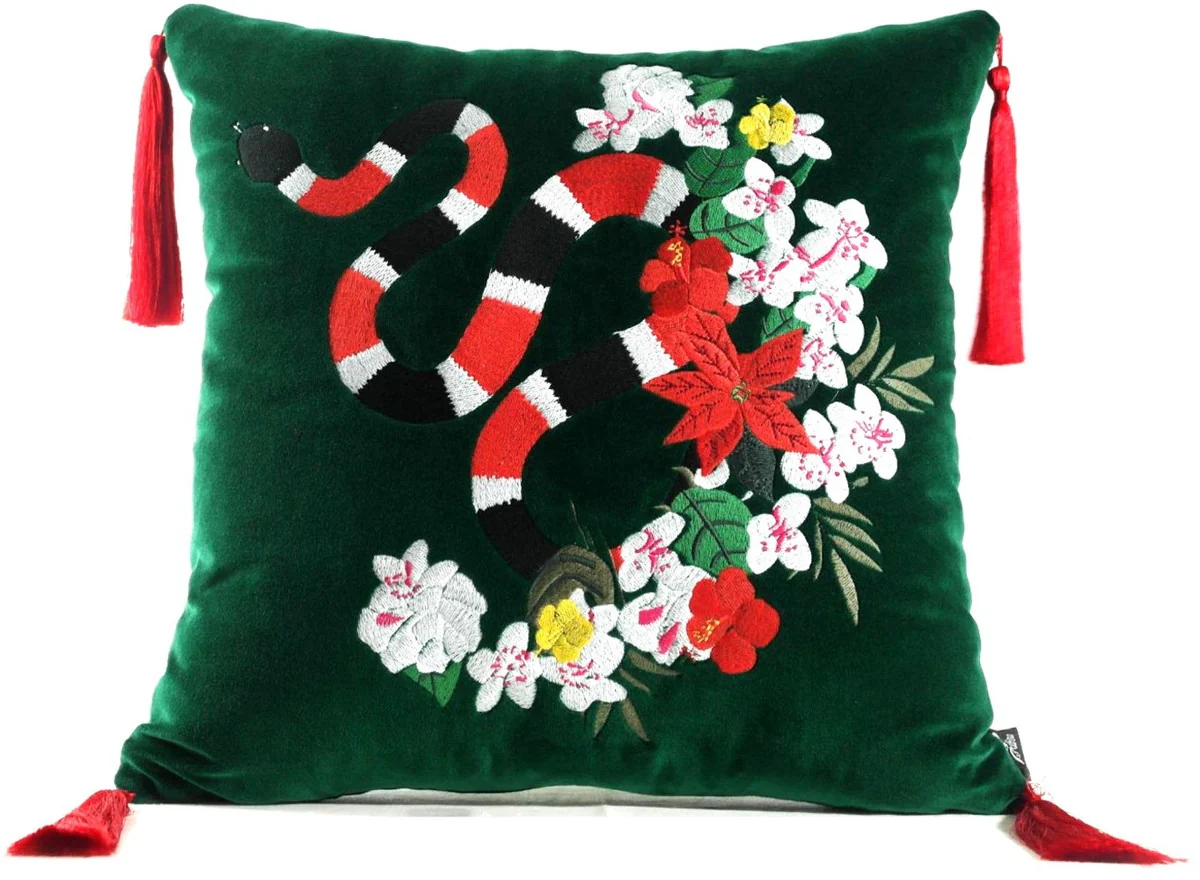 Casa Padrino almohada de lujo con borlas serpiente verde / multicolor 45 x 45 cm - Tejido de Terciopelo M¨¢s Fino - Calidad de Lujo