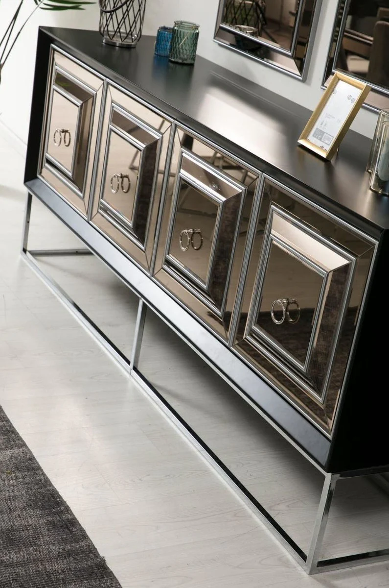 Casa Padrino aparador de lujo con 4 puertas de espejo negro / plata 208 x 49 x A. 88 cm - Muebles de sala de lujo