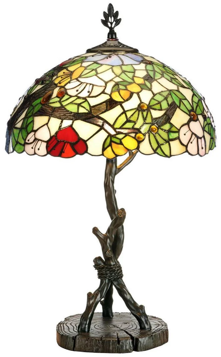 Casa Padrino lámpara de mesa Tiffany de lujo multicolor / negro Ø 40 x A. 62 cm - Lámpara de escritorio Tiffany redonda - Lámpara de decoración de sala de estar - Luces Tiffany de lujo