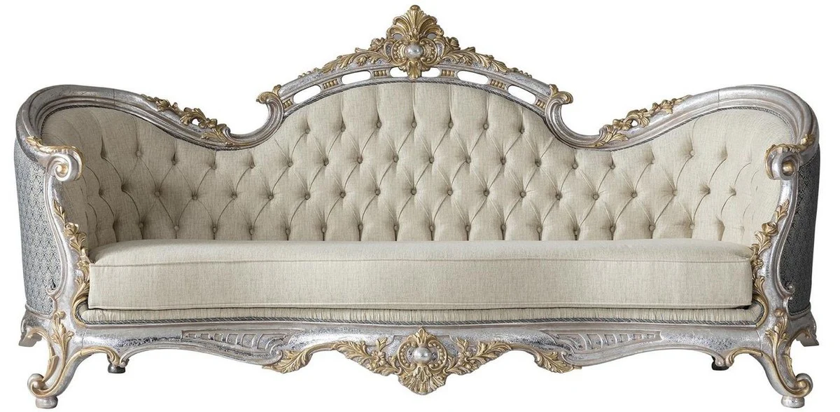 Casa Padrino sof¨¢ de sal¨®n barroco de lujo con cojines decorativos crema / azul / plata / oro 250 x 95 x A. 125 cm - Noble & Magn¨ªfico