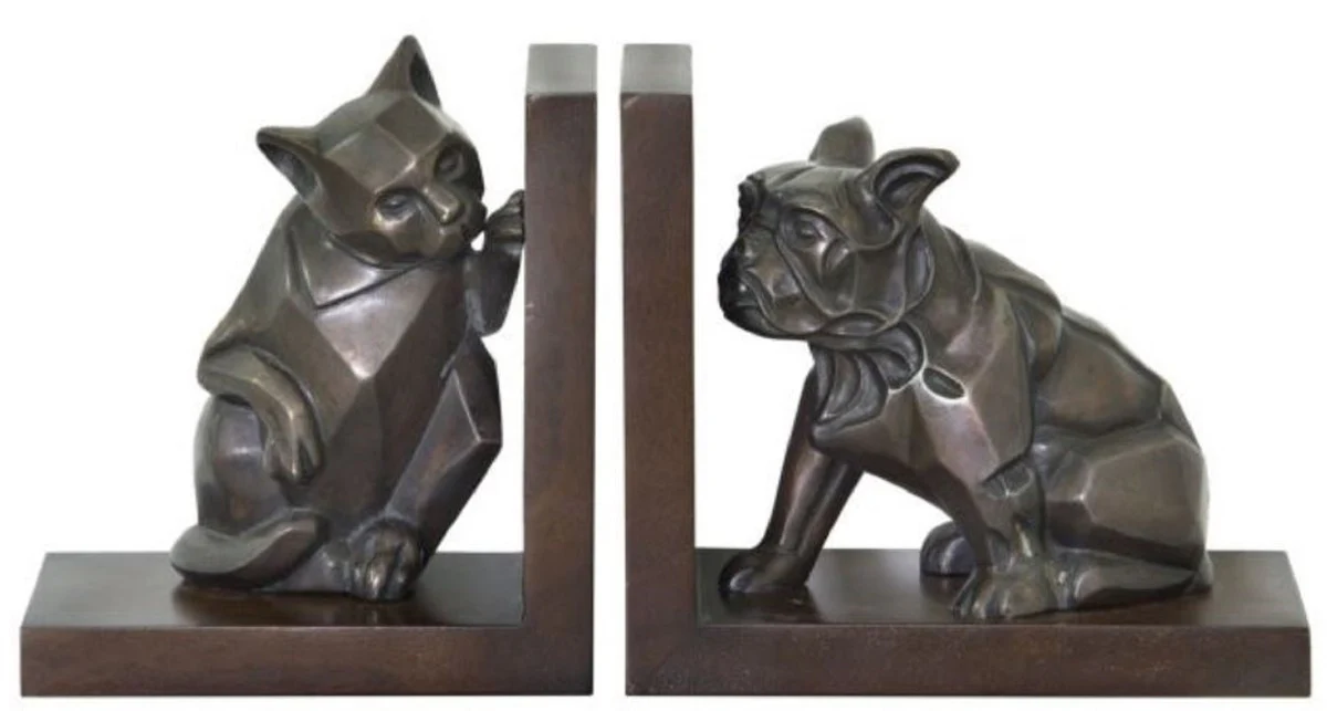 Casa Padrino conjunto de sujetalibro de lujo gato y perro bronce / marrón 18 x 18 x H. 10 cm - Figuras en Bronce Deco con Base de Madera