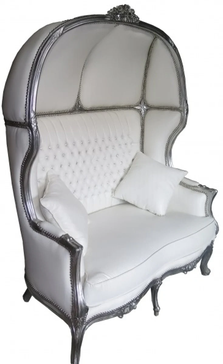 Casa Padrino Baroque 2er balloon sofa white leather look / Silver - Living Room Couch Furniture Lounge Wedding