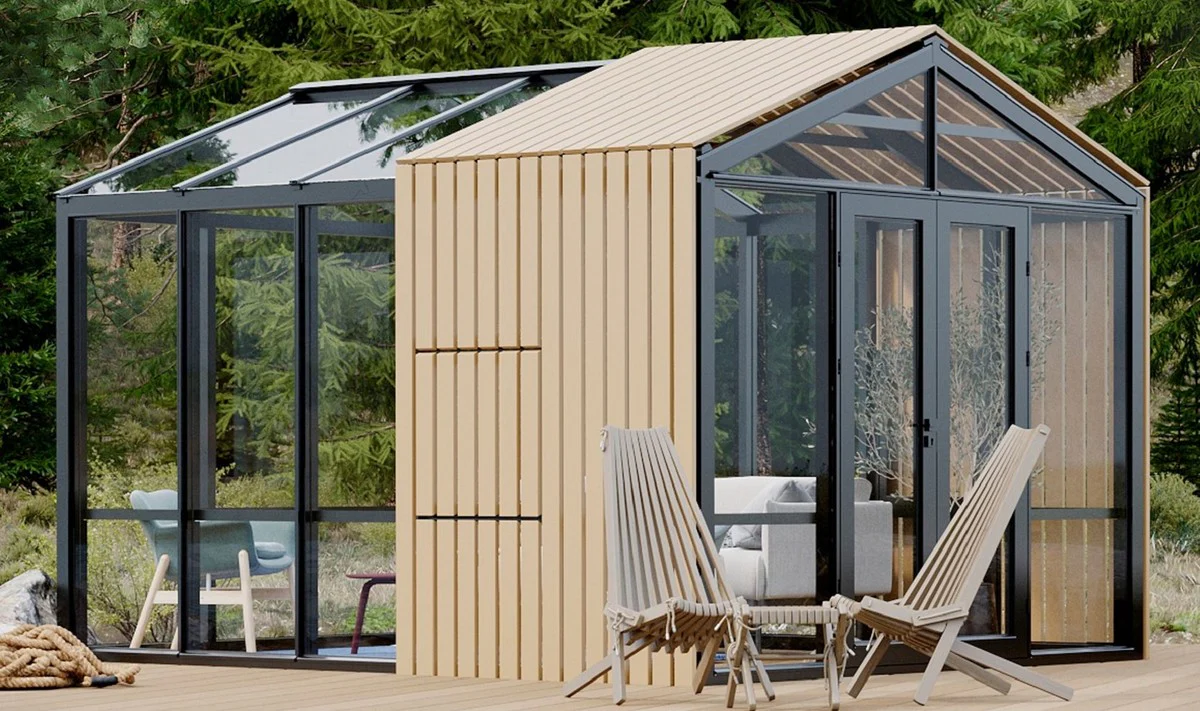 Casa Padrino Casa de Jard¨ªn de Lujo Negro / Beige 400 x 300 x A. 276,2 cm - Casa de Jard¨ªn de Madera Maciza con Ventanas y Puertas de Vidrio - Casas de Jard¨ªn de Lujo - Invernaderos de Lujo