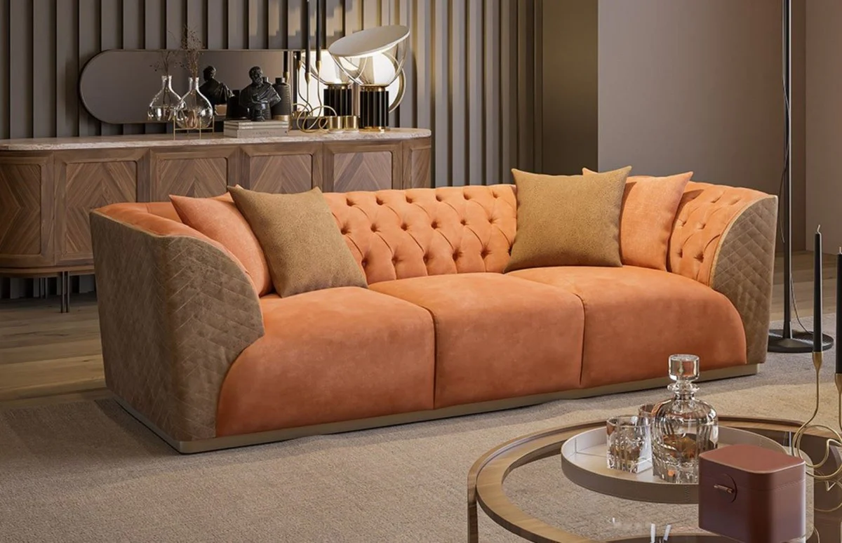 Casa Padrino sof¨¢ Chesterfield de lujo naranja / marr¨®n / lat¨®n 250 x 98 x A. 73 cm - Sof¨¢ de sal¨®n - Muebles de sal¨®n - Muebles Chesterfield - Muebles de lujo - Interior de sal¨®n