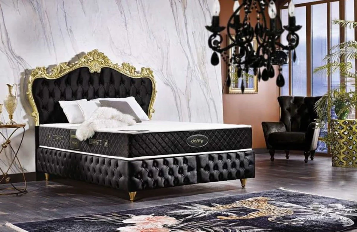 Casa Padrino cama doble barroco negro / oro - Cama de terciopelo adornada con colchón - Conjunto Completo - Muebles de Dormitorio Barrocos