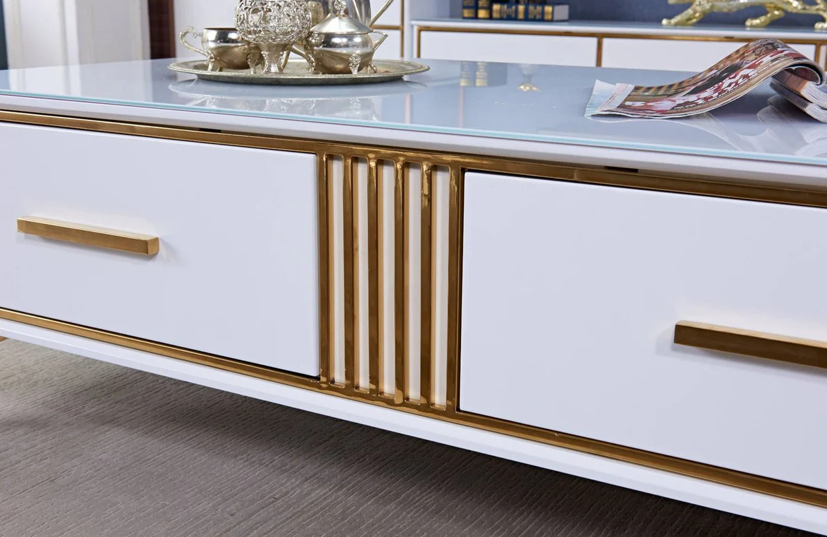 Casa Padrino mesa de centro de lujo blanco / oro 130 x 70 x A. 41 cm - Mesa de sal¨®n moderna con 2 cajones - Muebles de sal¨®n modernos