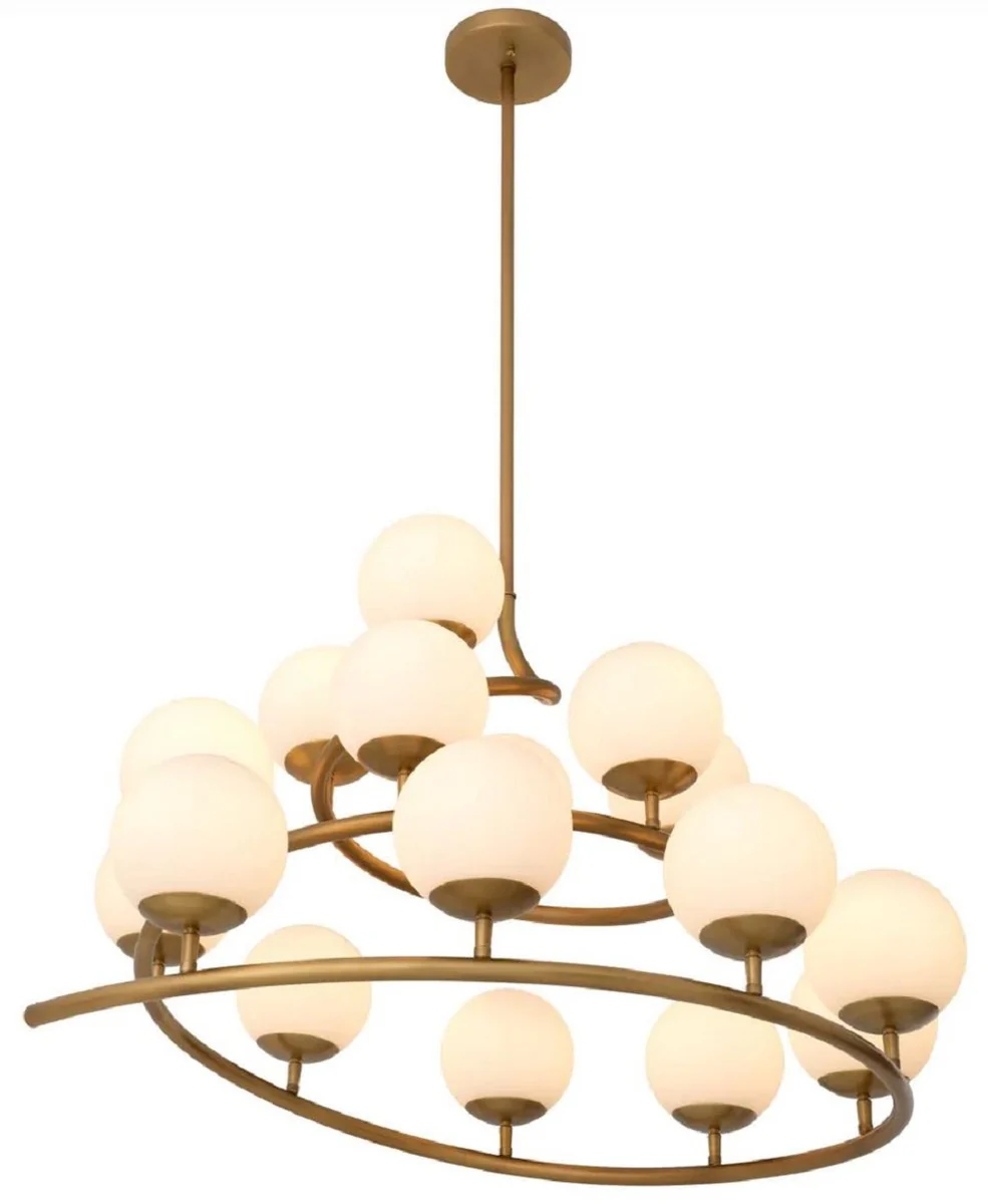 Casa Padrino lámpara de araña de lujo latón antiguo / blanco 105 x 95 x A. 52 cm - Lámpara de araña de salón con pantallas redondas de vidrio - Lámpara de araña de hotel y de restaurante