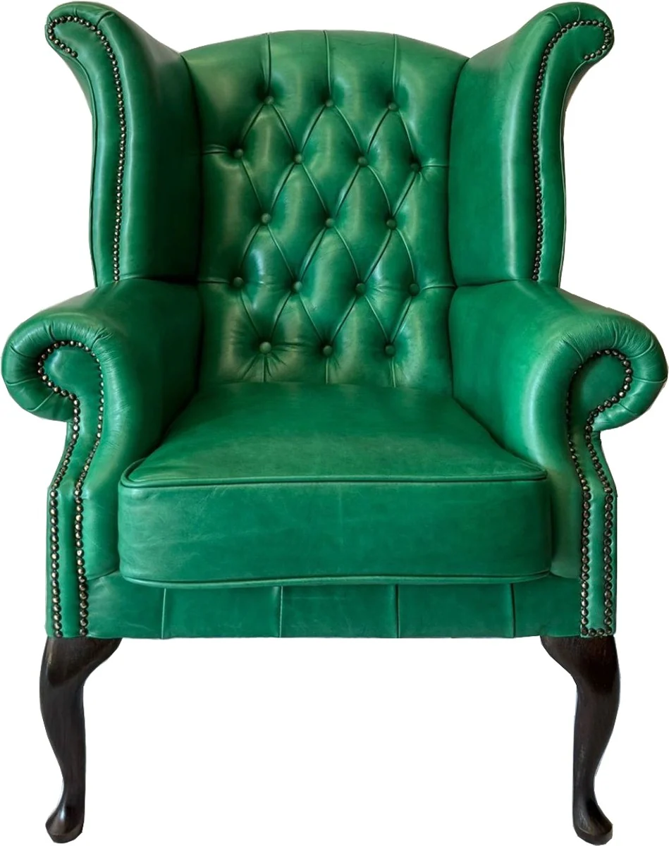 Casa Padrino sill¨®n orejero Chesterfield de cuero genuino de lujo verde / marr¨®n oscuro A. 110 cm