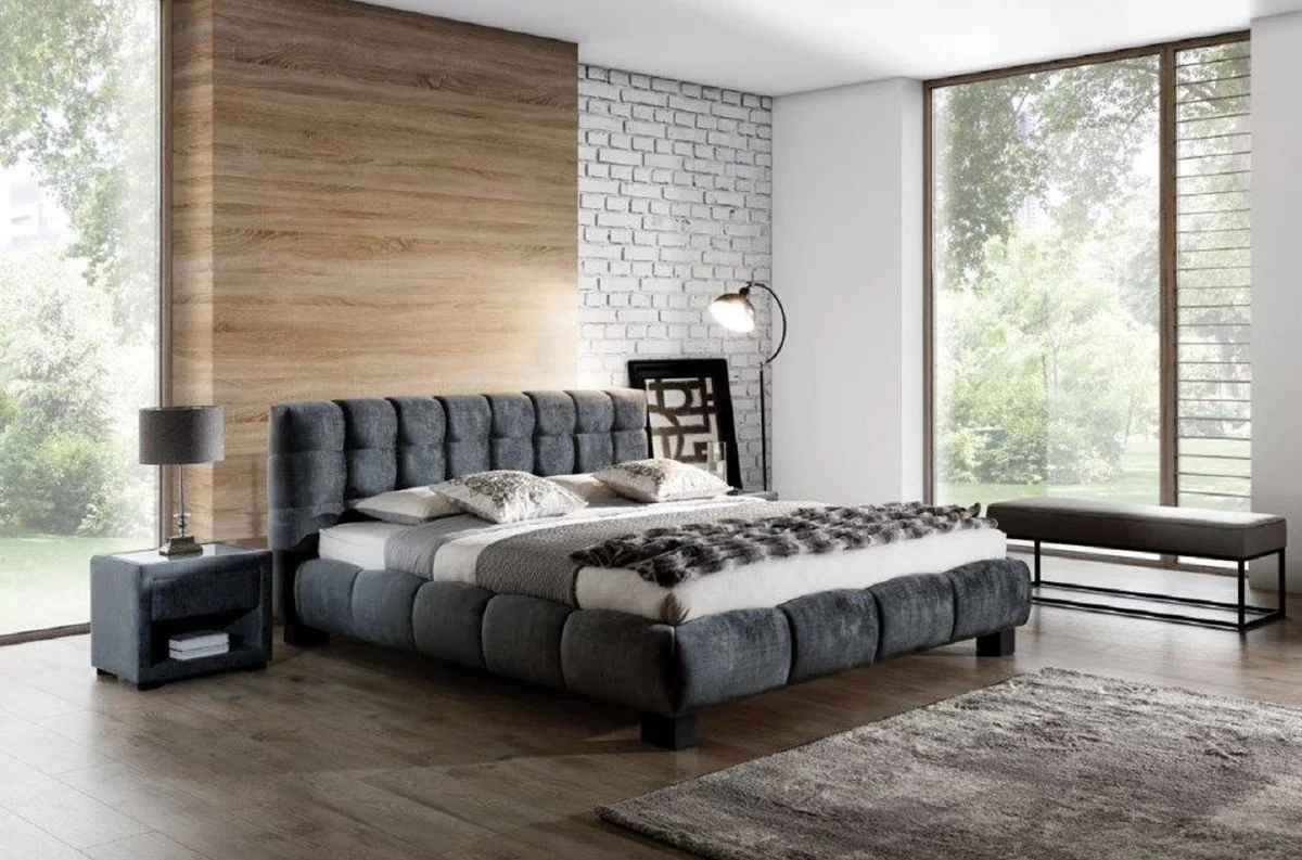 Casa Padrino Cama Matrimonial de Lujo Gris / Negro - Varios Tamaños - Cama Moderna de Madera Maciza con Cabecero - Muebles Dormitorio de Lujo - Colección de Lujo