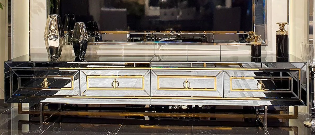 Casa Padrino armario de TV de lujo plata / oro 250 x 45 x A. 56 cm - Aparador de sal¨®n con espejo con 4 cajones - Muebles de TV con espejo - Calidad de Lujo