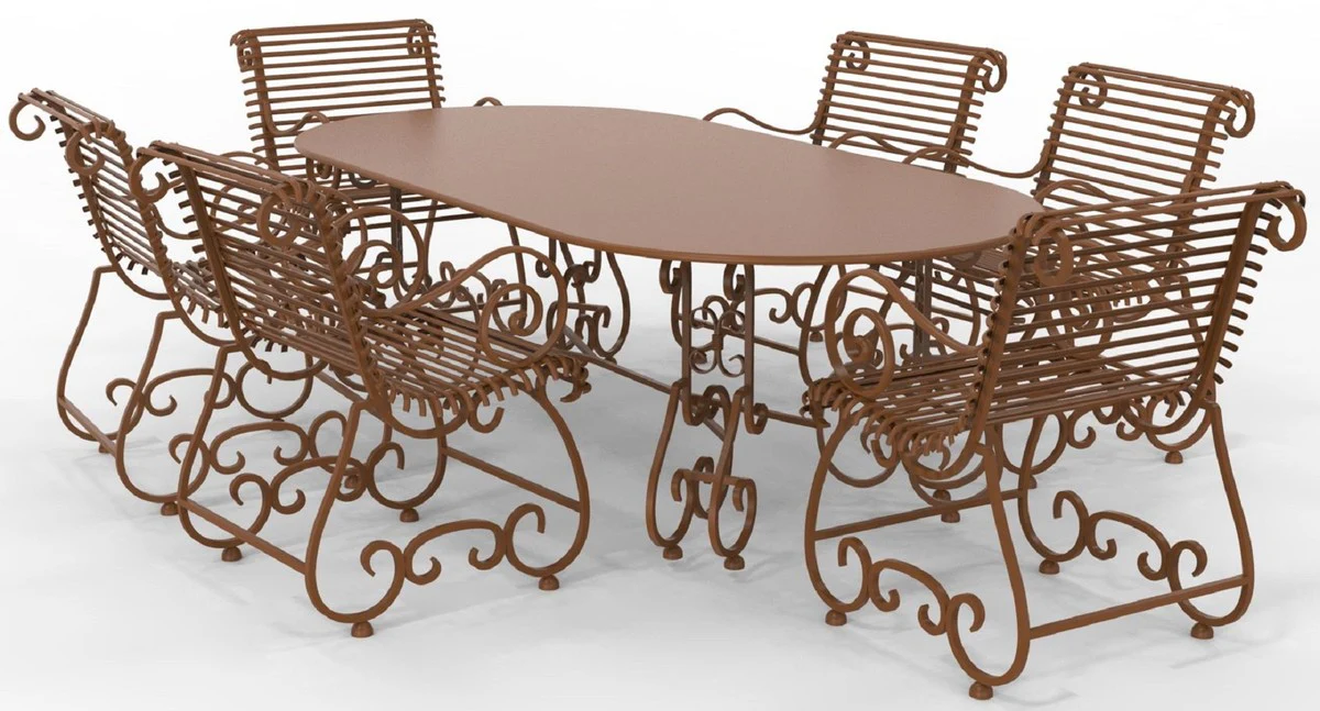 Casa Padrino Conjunto de Muebles de Jardín Art Nouveau de Hierro Forjado - Varios Colores - 1 Mesa de Jardín Ovalada y 6 Sillas de Jardín con Reposabrazos - Muebles de Jardín y Terraza Art Nouveau