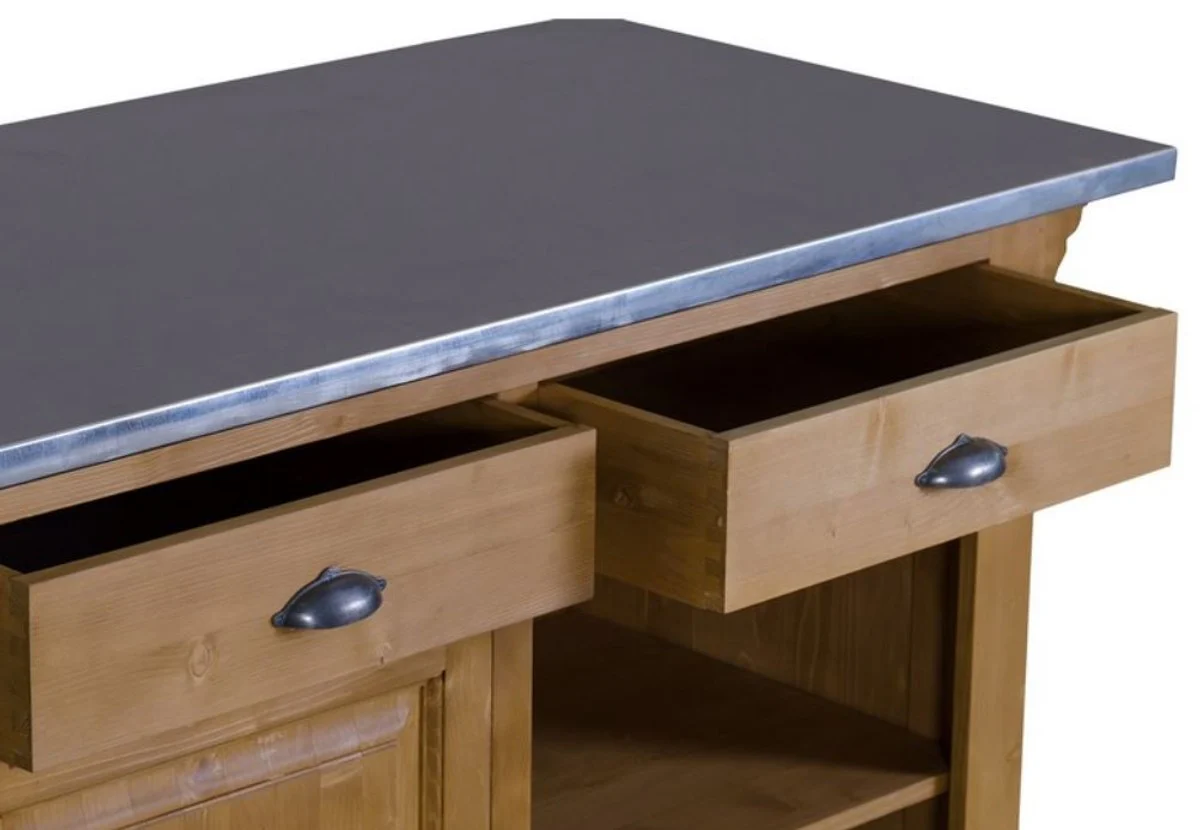 Casa Padrino mostrador de estilo rural natural / plata 140 x 68 x H. 95 cm - Mostrador de Madera Maciza con Sobre de Zinc