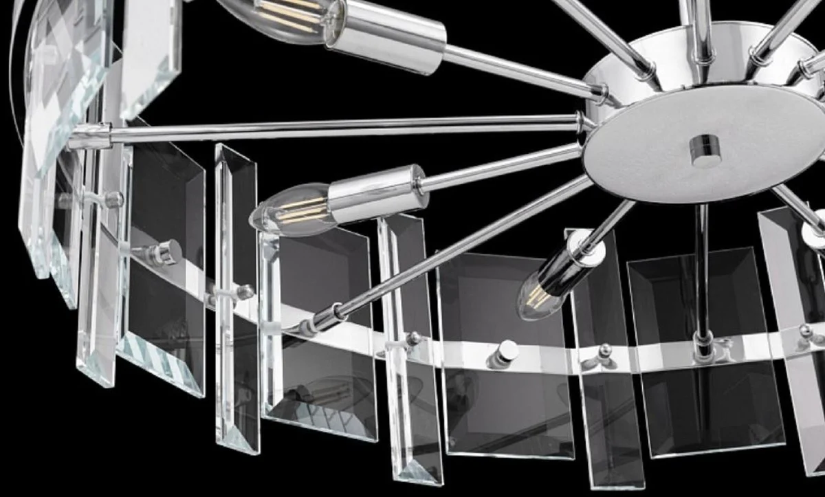 Casa Padrino lámpara colgante plata Ø 80 cm - Lámpara colgante redonda moderna con estructura de metal y placas de vidrio - Luces de Diseño