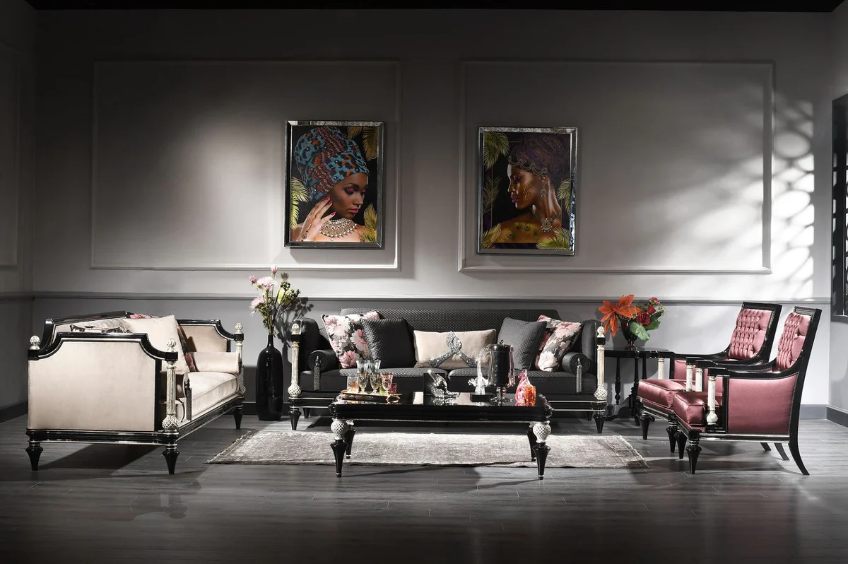 Casa Padrino mesa de centro barroco de lujo negro / plata - Mesa de sal¨®n de madera maciza hecha a mano en estilo barroco - Muebles de sal¨®n barrocos