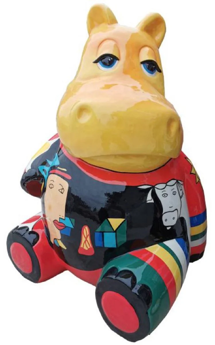 Casa Padrino escultura de diseño hipopótamo sentado multicolor A. 100 cm - Figura decorativa resistente a la intemperie - Decoración salón - Decoración jardín - Decoración terraza