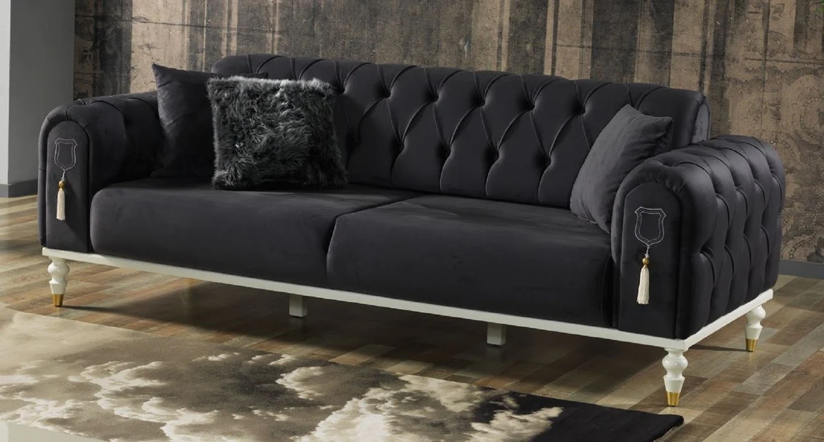 Casa Padrino sof¨¢ cama Chesterfield de lujo gris oscuro / blanco / oro 230 x 95 x A. 83 cm - Sof¨¢ de sal¨®n con 3 almohadas - Muebles de sal¨®n de lujo