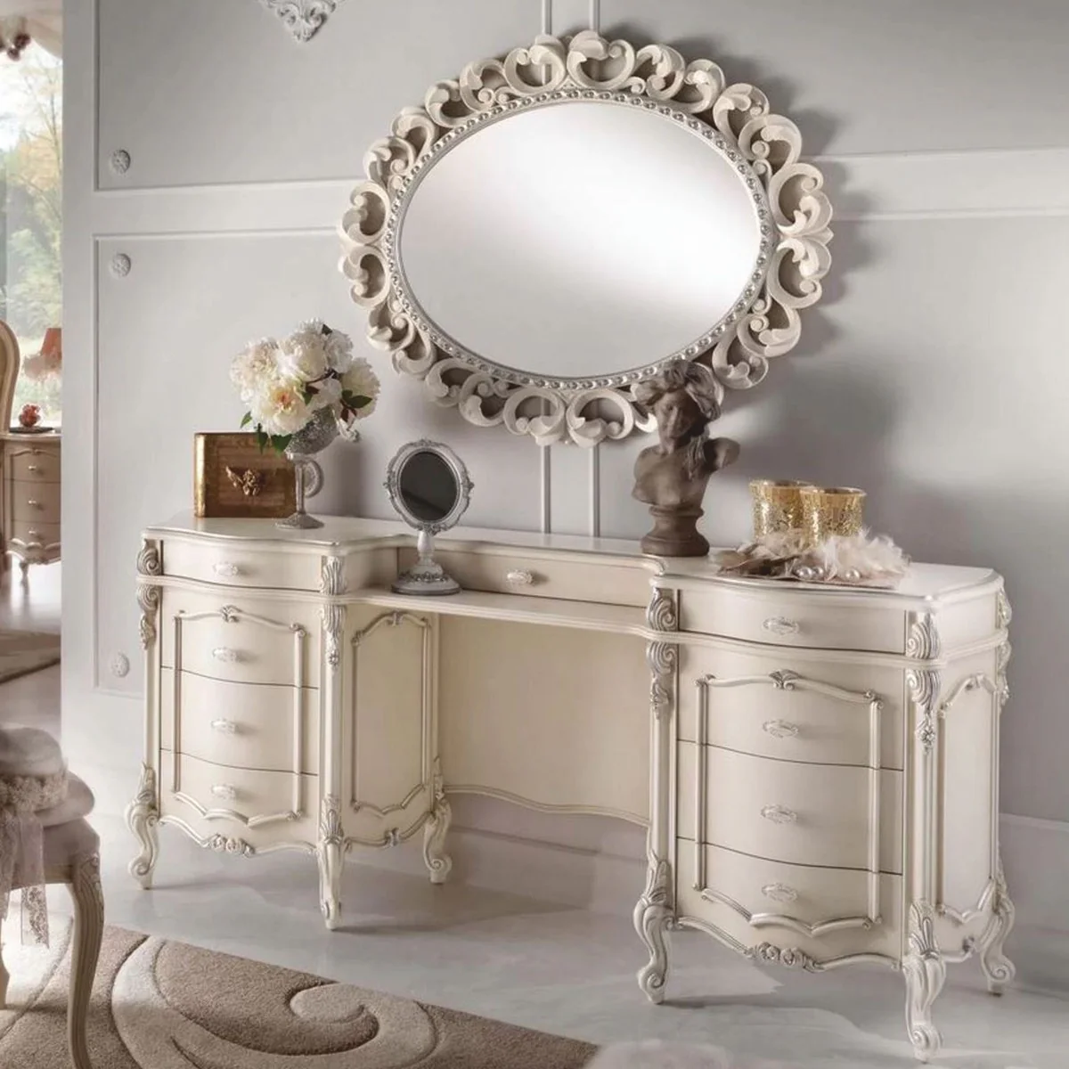 Casa Padrino tocador barroco de lujo con espejo crema / plata - Hecho en Italia