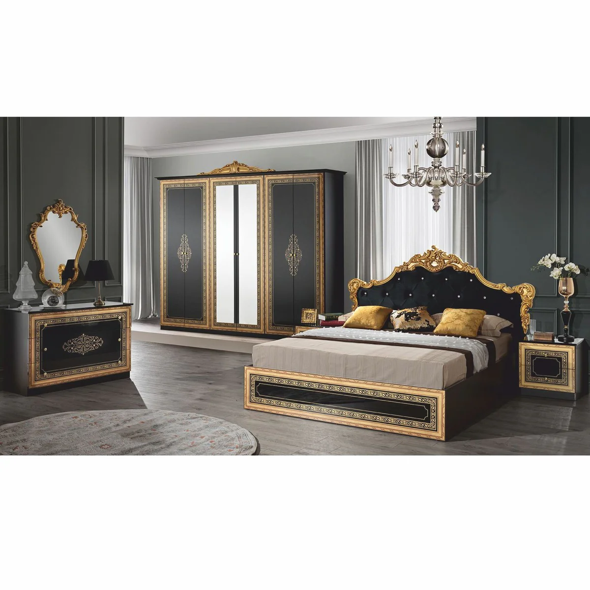 Casa Padrino cama doble barroco de lujo con pedrer¨ªa negro / oro - Muebles de dormitorio estilo barroco