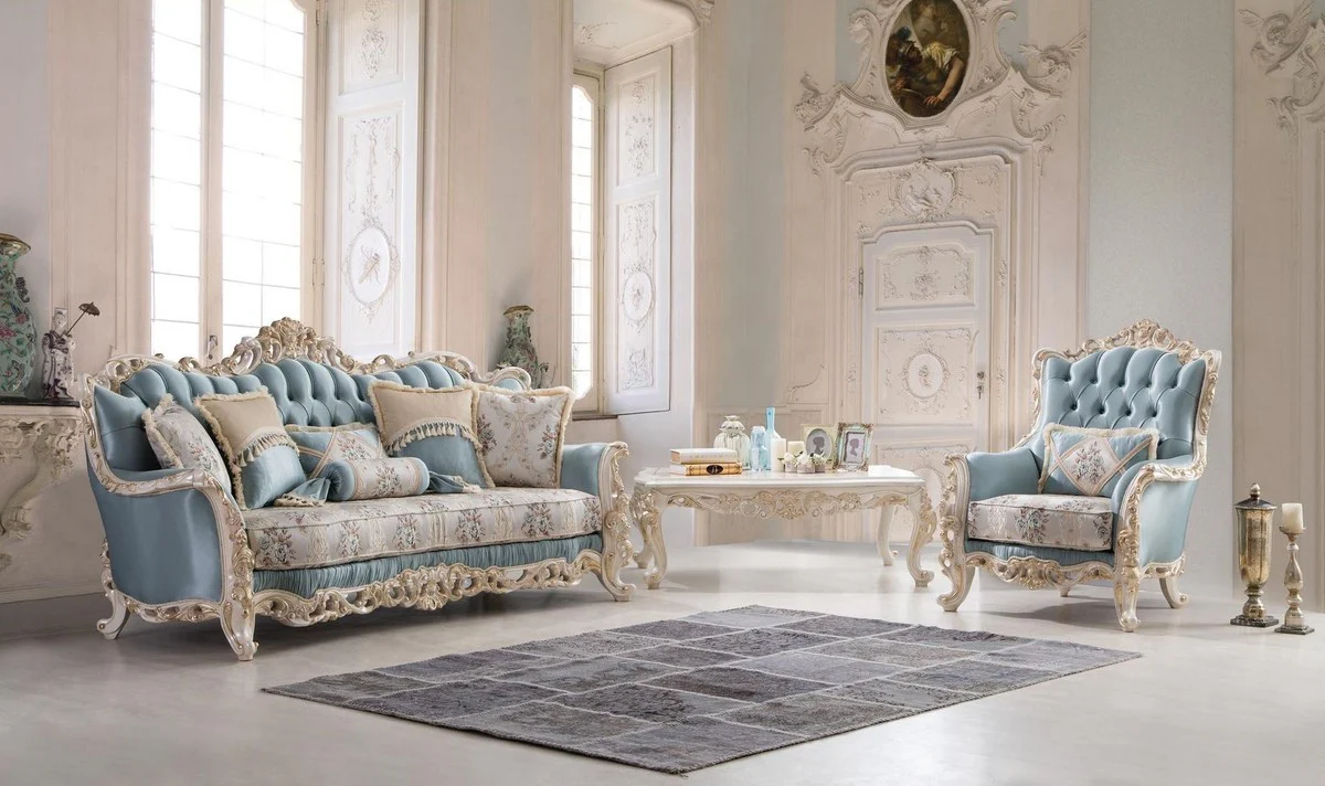 Casa Padrino sof¨¢ de sal¨®n barroco de lujo con cojines decorativos azul claro / crema / blanco / oro 240 x 90 x A. 120 cm - Muebles de sal¨®n barrocos nobles