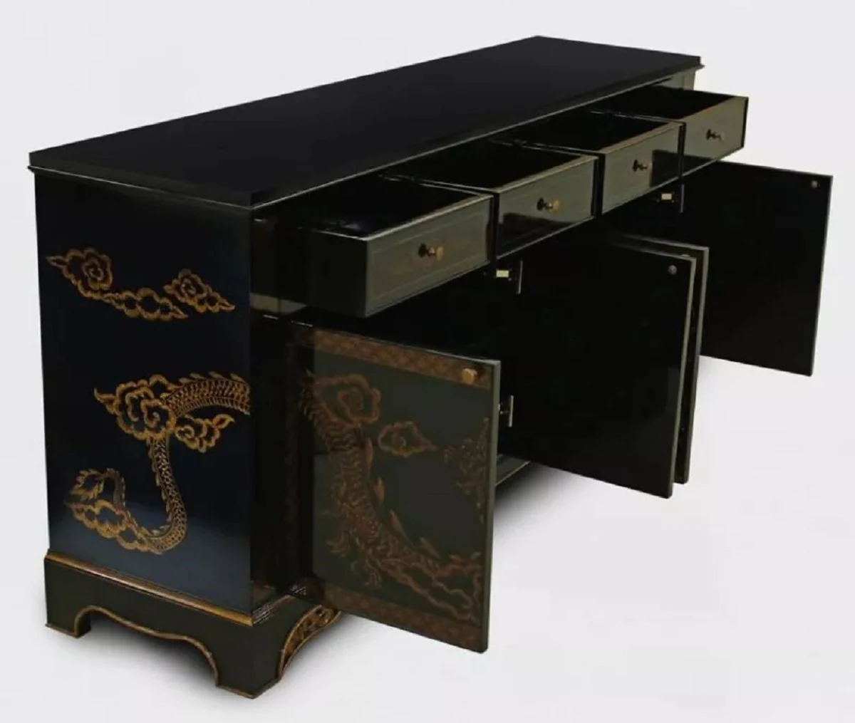 Casa Padrino aparador barroco de lujo en estilo chino negro / oro - Gabinete de madera maciza de estilo barroco con 4 cajones y 4 puertas - Muebles de comedor de lujo en estilo barroco