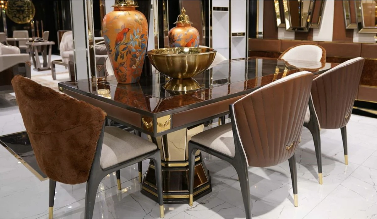 Casa Padrino mesa de comedor de lujo marr¨®n / gris / oro 226 x 112 x A. 70 cm - Mesa de cocina rectangular con espejo de cristal y cuero artificial fina - Muebles de comedor - Muebles de lujo