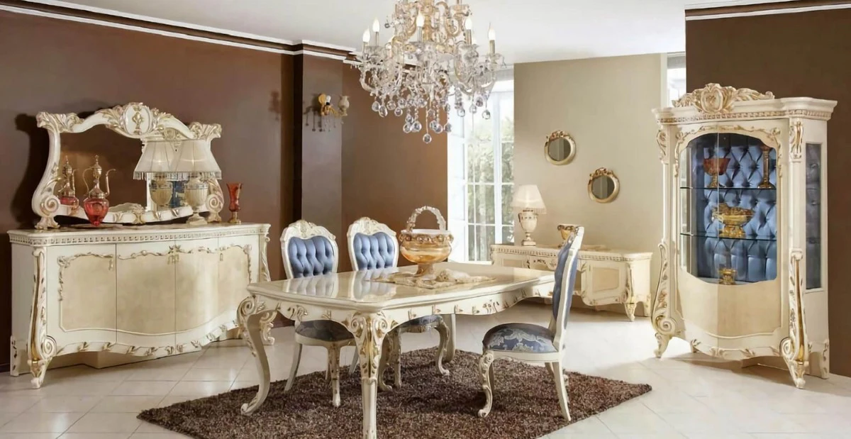 Casa Padrino vitrina barroco de lujo beige / blanco / oro / azul - Magn¨ªfica vitrina de madera maciza con 2 puertas de vidrio - Muebles Barroco Hechos a Mano - Noble y Magn¨ªfico