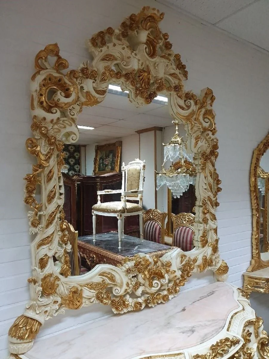 Casa Padrino consola de espejo barroco de lujo crema / oro - Magn¨ªfica consola de madera maciza con tapa de m¨¢rmol y espejo de pared - Muebles Barrocos
