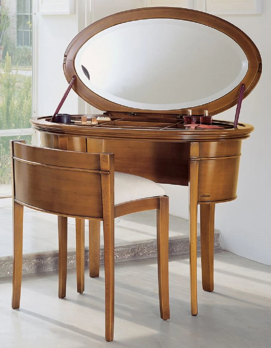 Casa Padrino consola de maquillaje Biedermeier de lujo con silla marr¨®n / blanco - Muebles de Dormitorio - Muebles de Hotel - Calidad de Lujo - Hecho en Italia