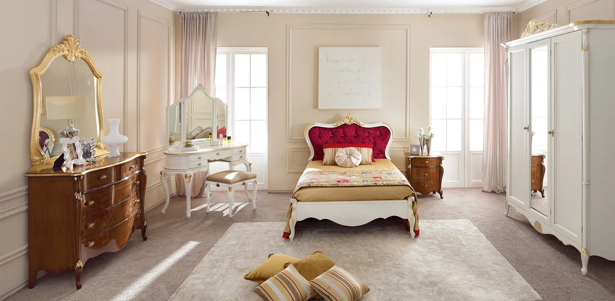 Casa Padrino cama de matrimonio barroco de lujo rojo burdeos / blanco / oro - Magnífica cama de madera maciza - Muebles de dormitorio barrocos - Hecho en Italia