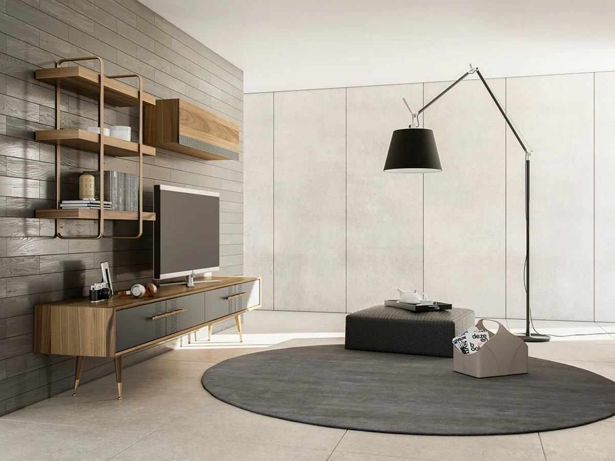 Casa Padrino conjunto de gabinete de TV para sala de estar de lujo marrón / gris / latón - 1 Gabinete de TV y 1 Gabinete de Pared y 1 Estante de Pared - Conjunto de muebles - Muebles de lujo