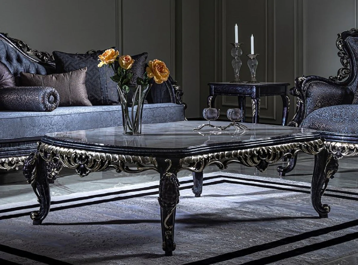 Casa Padrino mesa de centro barroco de lujo blanco / azul / oro - Mesa de sal¨®n de madera maciza hecha a mano en estilo barroco - Magn¨ªficos muebles de sal¨®n barrocos