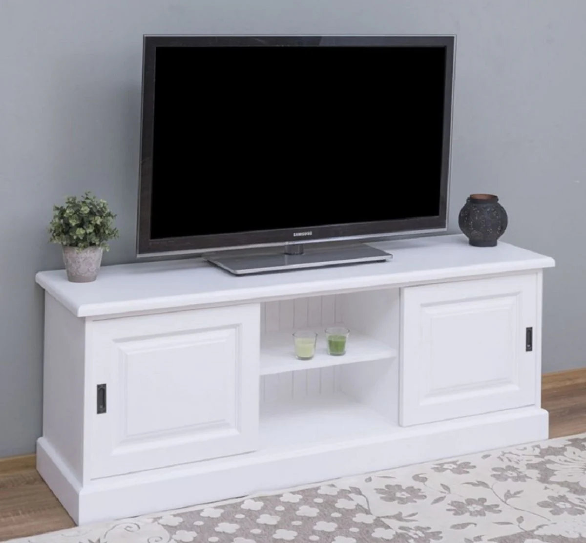 Casa Padrino armario de TV de estilo campestre blanco 160 x 46 x A. 60 cm - Aparador de madera maciza - Muebles de salón de estilo campestre