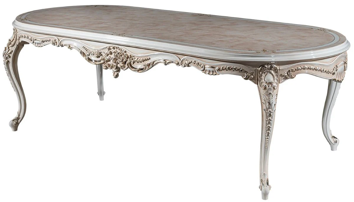 Casa Padrino mesa de comedor barroco de lujo beige / blanco / oro 247 x 110 x A. 80 cm - Mesa de comedor ovalada de madera maciza - Muebles de comedor barrocos - Noble & Magn¨ªfica