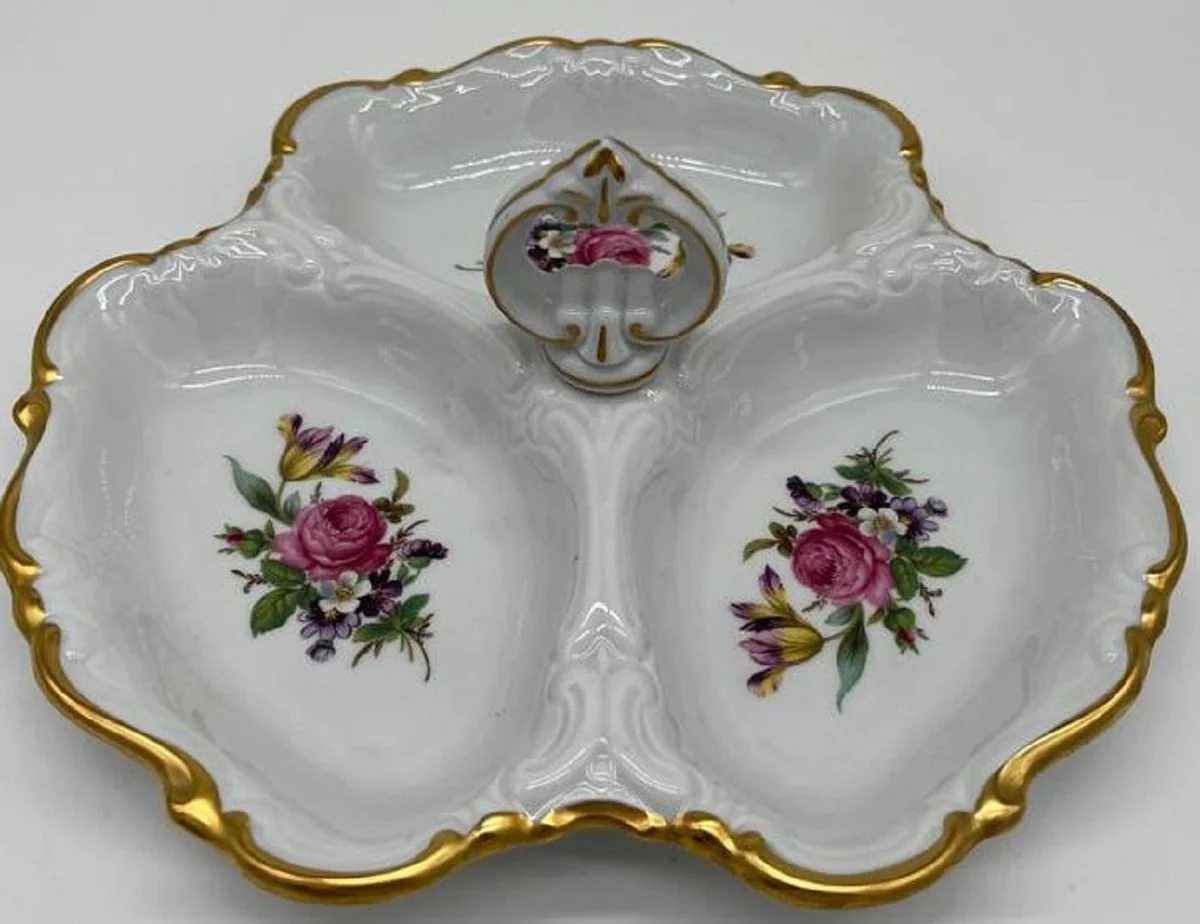 Casa Padrino Cuenco de Servicio de Porcelana Barroca de Lujo con Asa Blanco / Multicolor / Oro Ø 25 cm - Cuenco para Pastelería y Frutos Secos - Reichenbach Porzellan - Hecho en Alemania