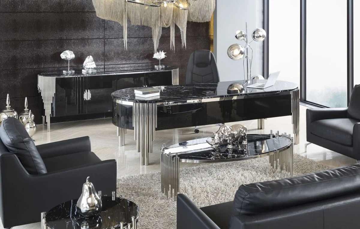 Casa Padrino escritorio de lujo con tablero de m¨¢rmol artificial negro / plata 260 cm - Muebles de oficina de lujo