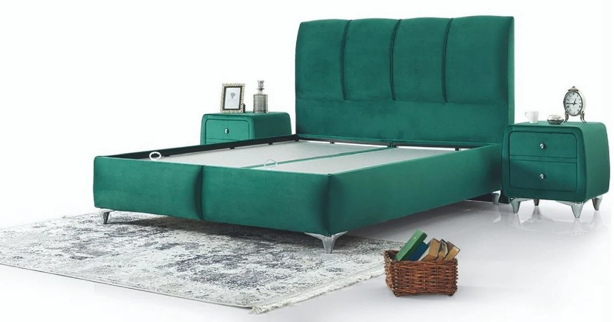 Casa Padrino cama doble de lujo verde / plata - Cama moderna de madera maciza - Muebles de Dormitorio y de Hotel Moderno - Colección de Lujo