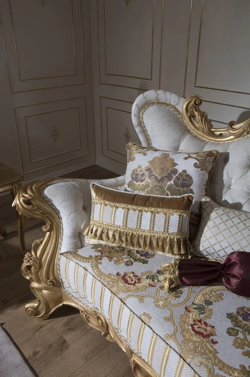Casa Padrino sof¨¢ barroco de lujo blanco / oro 248 x 108 x A. 122 cm - Sof¨¢ de sal¨®n con patr¨®n elegante y cojines decorativos - Magn¨ªficos muebles barrocos