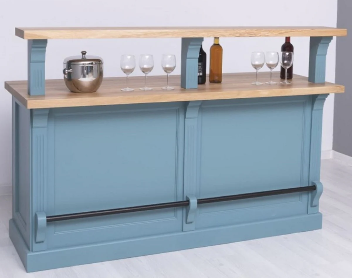 Casa Padrino barra de bar de estilo campestre azul claro / natural 180 x 68 x A. 120 cm - Barra de bar de madera maciza - Muebles de bar de madera maciza - Muebles de bar en estilo campestre