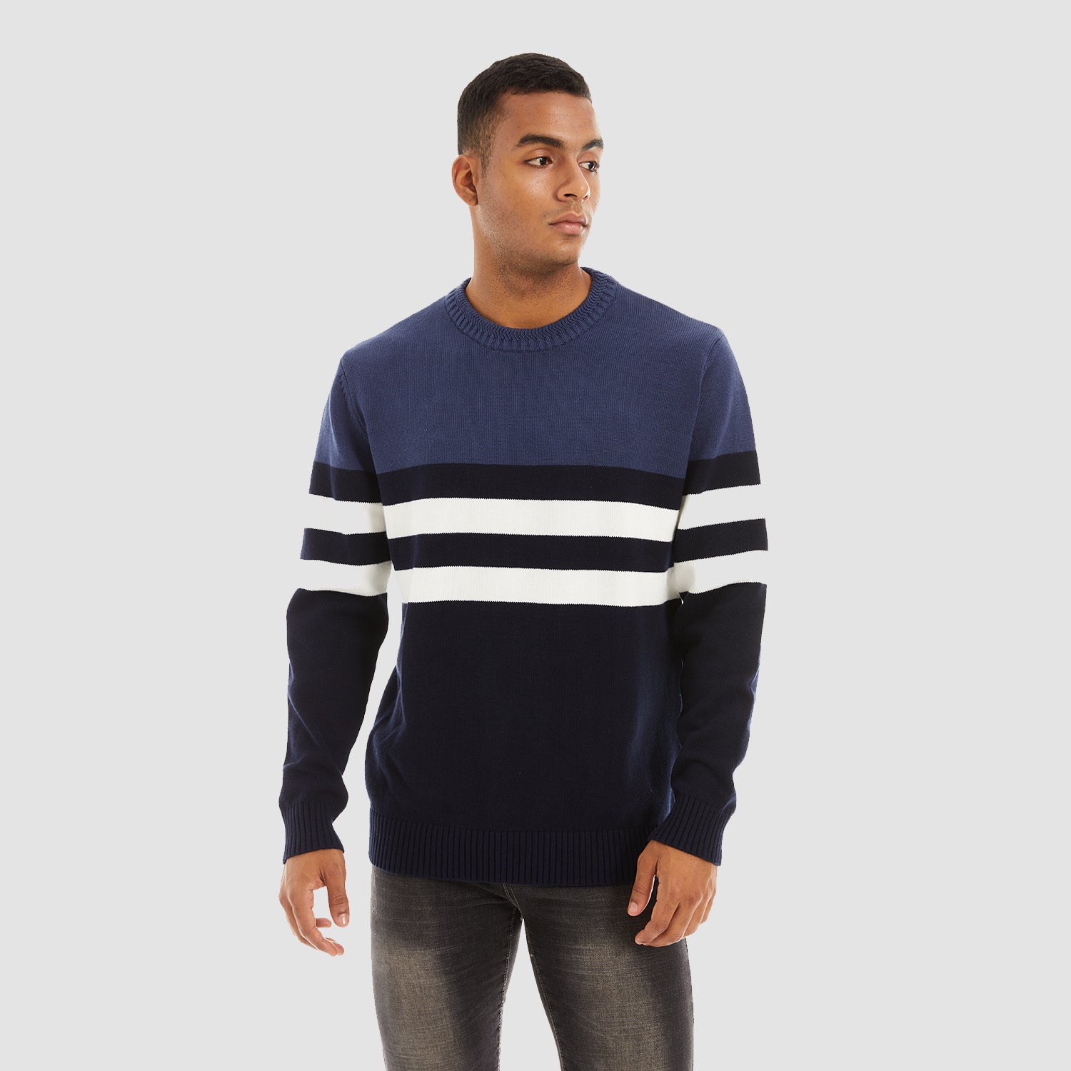 Men's Crewneck Sweater Soft Thermal Knitted Sweatshirt Color Block Striped