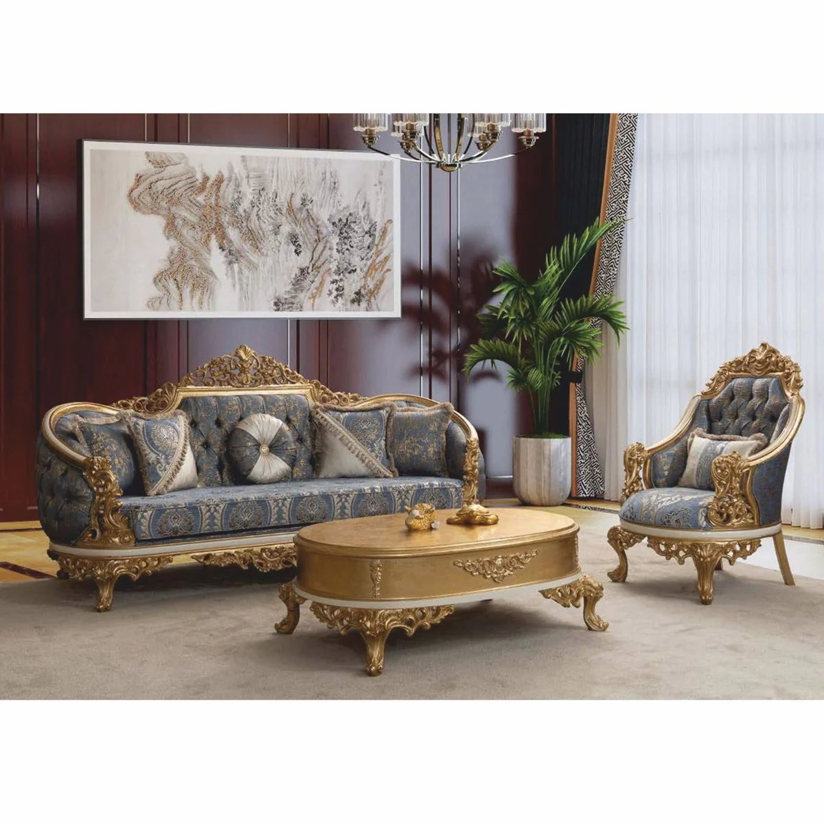 Casa Padrino Sof¨¢ Barroco de Lujo Azul / Blanco / Oro 240 cm - Muebles de Sal¨®n Barrocos