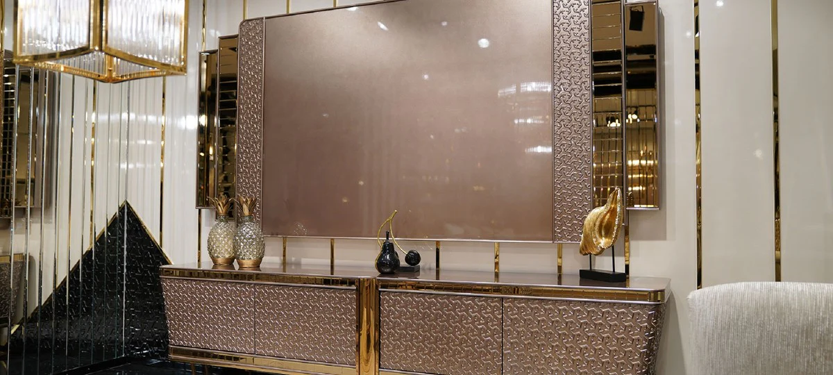 Casa Padrino conjunto de TV de lujo gris / oro - Aparador de sal¨®n de madera maciza con pared trasera para TV - Muebles de lujo - Muebles de sal¨®n