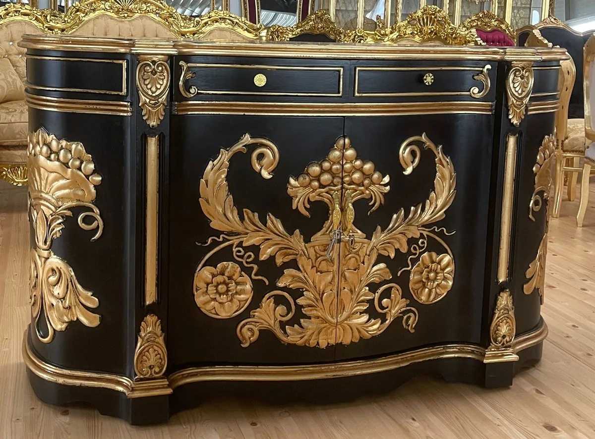 Casa Padrino aparador barroco negro / oro - Gabinete de madera maciza estilo barroco hecho a mano con 2 puertas y 2 cajones - Muebles de sala estilo barroco - Muebles barrocos - Noble y Magnífico
